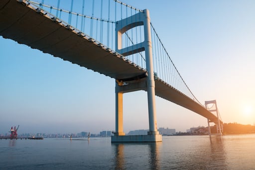 bridge going over water with sun in background