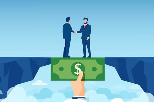 Hand with dollar bill bridging a gap where two business people meet to overcome financial difficulties