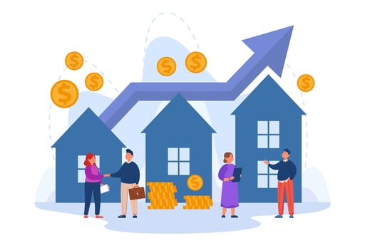 Real estate deals between agent and broker buying houses during market growth vector illustration