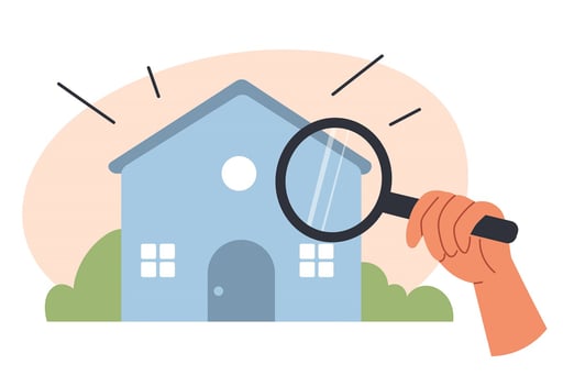 Property search hand holding magnifying glass to home