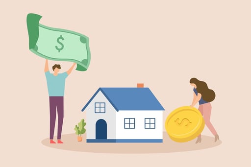 Man and woman holding money next to house