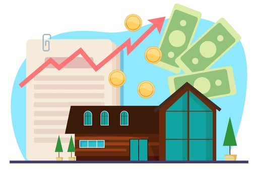 Modern house, money, contract, and growing line graph illustration