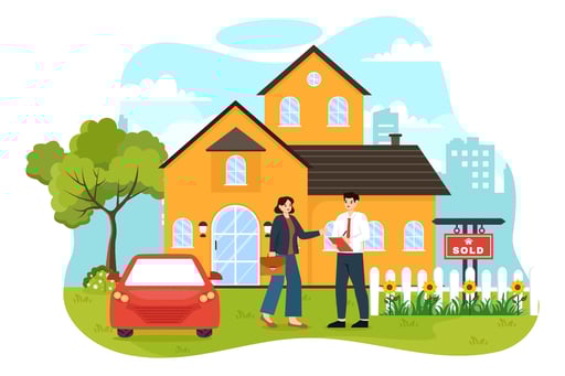 Illustration of broker meeting with investor or buyer in front of newly sold home