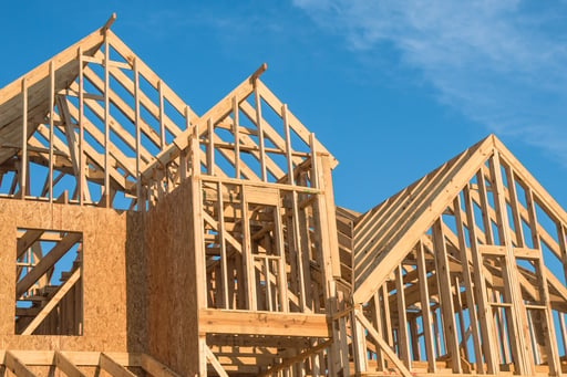 Close up of gables and roof of a home under construction