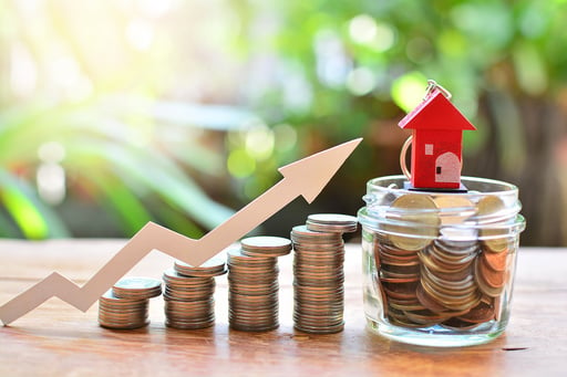 coins money setting growth up increasing towards house model